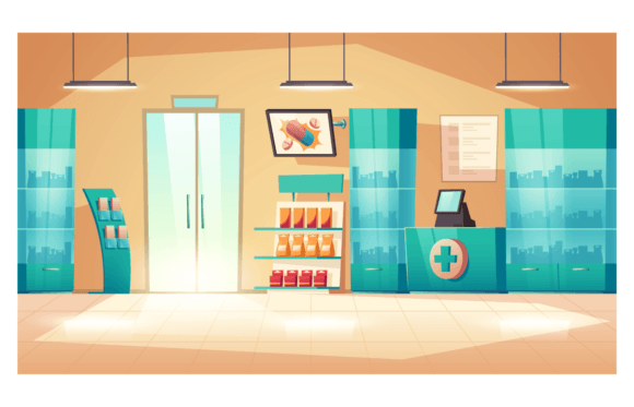 Download Pharmacy Interior, Modern Drugstore with Counter, Medical Products, and Vitamins on Shelves - Pharmacy Collection